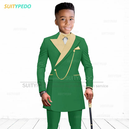Brief Kids Suit Set  Formal Evening Prom Boys Stylish Gold Lapel Blazer And Pants Two Pieces Children Baptism Formal Costumes