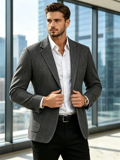 British Men's Blazer Vintage Herringbone Tweed Slim Fit Suit Jacket Wool Blend Formal Business Casual Sport Coat Wedding Office