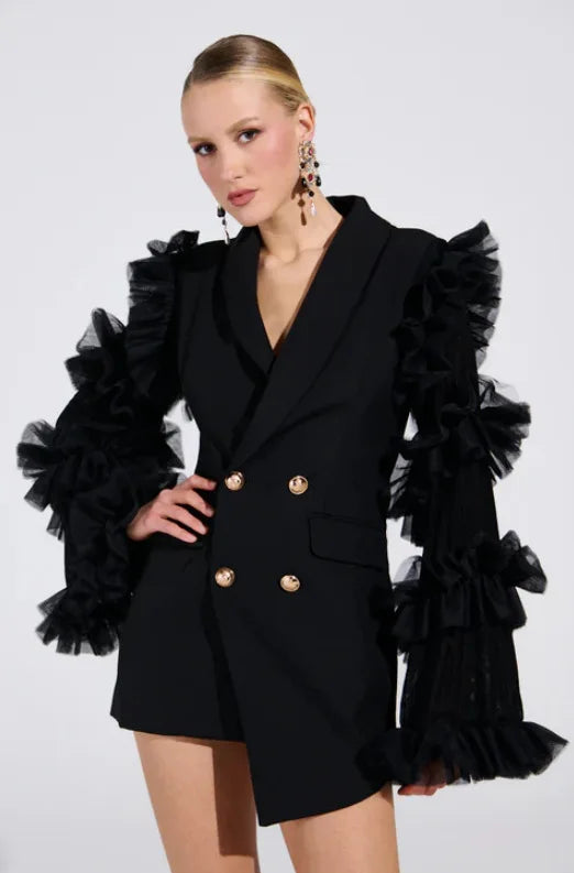 Spring Autumn New Women Blazer Double Breasted Ruffled Long Sleeve Patchwork Slim Fit Elegant Fashion Trendy Jacket HK13405