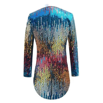 Men's Sequin Swallowtail Tailcoat Host Suit Jacket Long Party Coat Magician Stage Performance Chorus Evening Singer Black