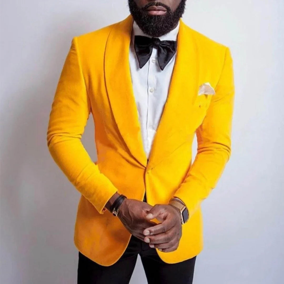 Men's Suit 2023 for Wedding Yellow Velvet 2 Pcs (Blazer+Pants) Spring Shawl Single Breasted Formal Slim Fit Costume Homme