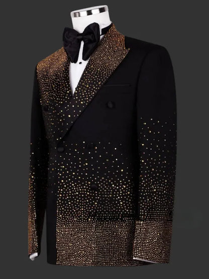 Men's 2-Piece Suit Set Golden Beads Slim Fit Double Breasted Groom Wedding Tuxedo