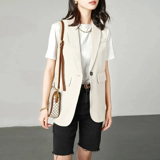 2025 New Women Sleeveless Jacket Coat Long Vest Blazer Formal Work Ladies Office Vintage Slim Suit Waistcoat Female Oversize