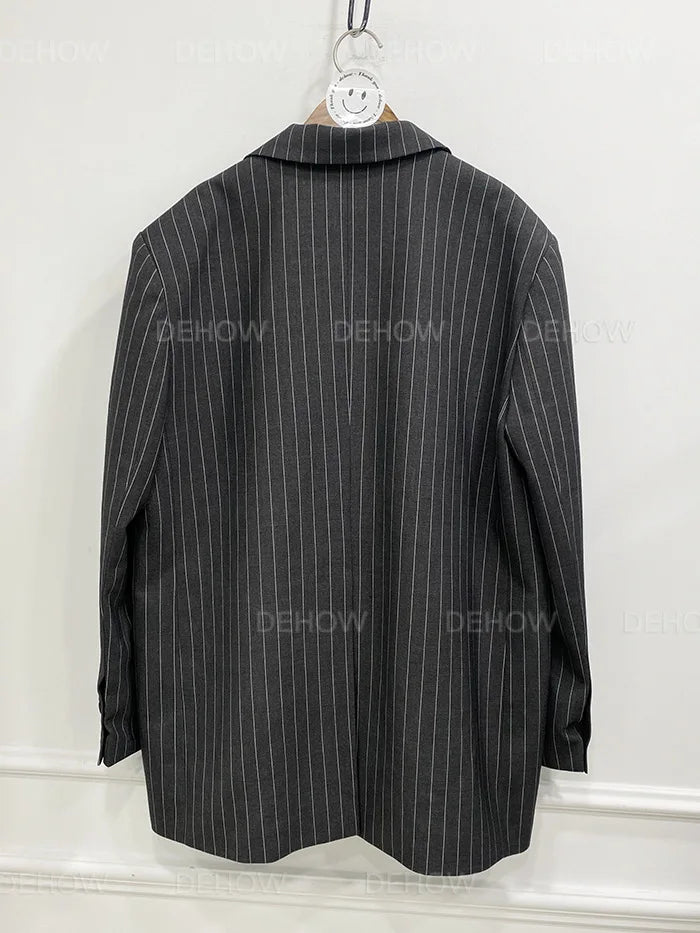 Vintage Vertical Stripes Women's Suit Jacket Loose Fit Double Breasted Autumn Outerwear Fashion Versatile Polyester Cotton Blend
