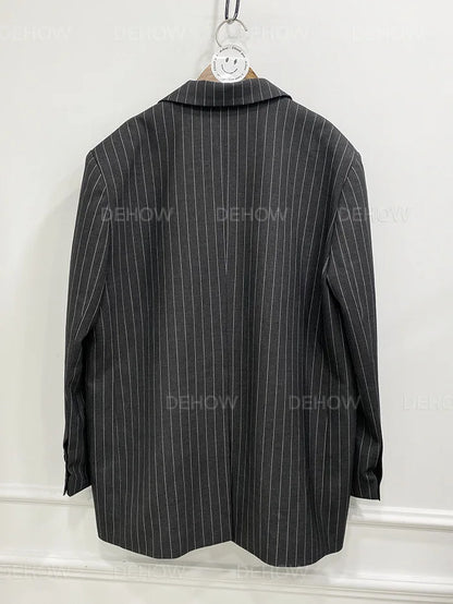 Vintage Vertical Stripes Women's Suit Jacket Loose Fit Double Breasted Autumn Outerwear Fashion Versatile Polyester Cotton Blend