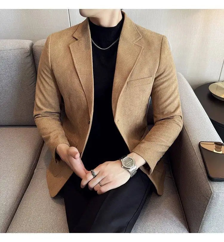Men's Corduroy Blazer Single Breasted Smart Casual Wedding Jacket
