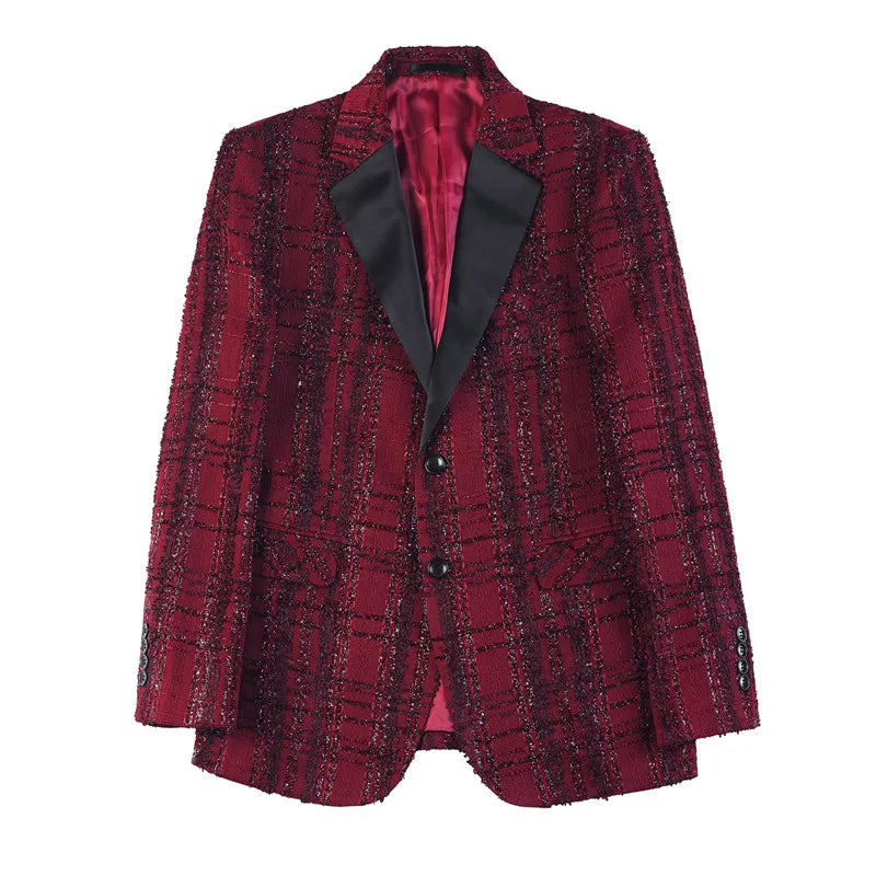 British Style Woven Suit Jacket Men Fashion Plaid Casual Business Blazer Gentleman Versatile Banquet Party Groom Wedding Coats
