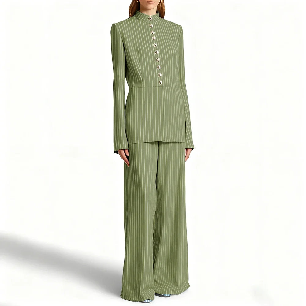 Elegant Women's Suits Pinstripe Two-piece(Jacket+Pants) Set with Stand Collar Gold Single Breasted Business Office Lady Outfit