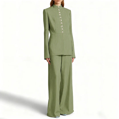 Elegant Women's Suits Pinstripe Two-piece(Jacket+Pants) Set with Stand Collar Gold Single Breasted Business Office Lady Outfit