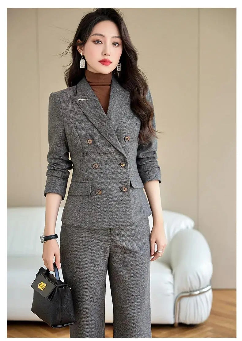 Elegant Lady Wide Leg Pant Sets for Women 2 Pieces Blazer Suit Double Breasted Jacket Trousers Outfit Female Autumn Winter