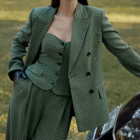 Elegant Houndstooth Women Suits 3 Pieces (Jacket+Pants+Vest) Double-breasted Peaked Lapel Formal Casual Office Lady Set