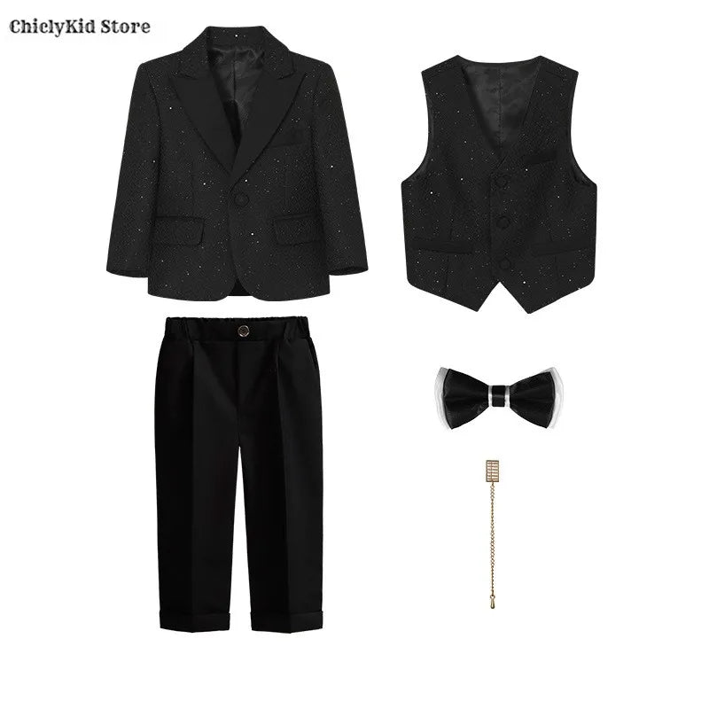 High Quality Boys Shiny Wedding Suits Kids Morning Coat Formal Dress Child Tuxedos Blazer Clothes Sets Toddler School Uniforms