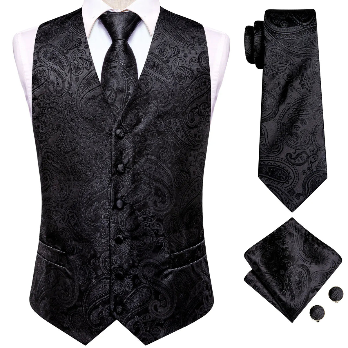 Men's Suit Vest 4-Piece Set | Woven Paisley Waistcoat with Tie, Pocket Square & Cufflinks | Wedding & Business Formal