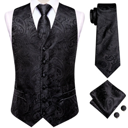 Men's Suit Vest 4-Piece Set | Woven Paisley Waistcoat with Tie, Pocket Square & Cufflinks | Wedding & Business Formal