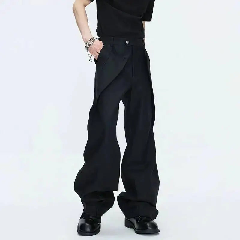 2026 Spring Patchwork Design Cross Collar Solid Color Casual Jacket Men Fashion Elegant Temperament Straight Pants JY6553
