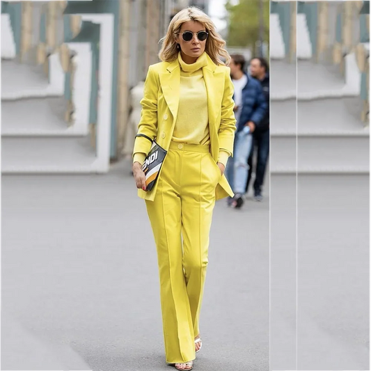 Classy Solid Yellow Women  Pants Suit 2 Piece Set Double Breasted Notched Lapel Formal Outfit Office Business Work Daily Wear