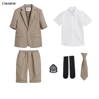 Child School Uniform Girls Korean Jacket Pleated Dress Summer Outfits Boys Blazer Formal Suits Shorts Kids Student Clothes Sets