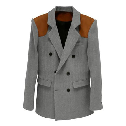 Men's Vintage Herringbone Blazer Contrast Shoulder Patches Double Breasted Wool Blend Suit Jacket Slim Fit Casual Business Coat