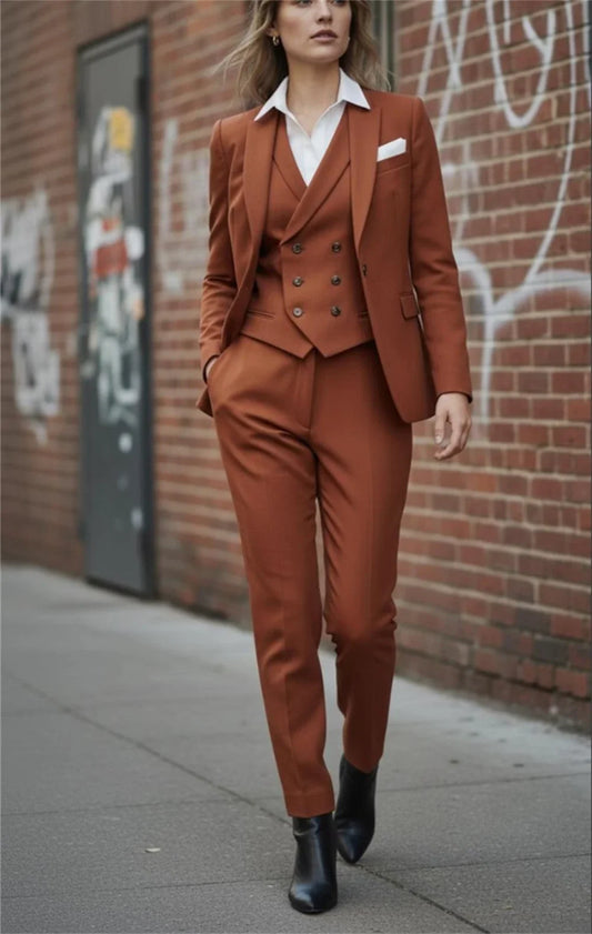 Rust Women’s Business Suit 3 Pcs Vintage Retro Power Ladies Suit Office Wear Traje Mujer (Blazer+Vest+Pants) Tailor Made