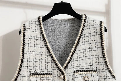 Women's Contrast Knitted Vest New Autumn Short Sleeveless Jacket V-neck Single Breasted Waistcoat Female Coats Chaleco Mujer
