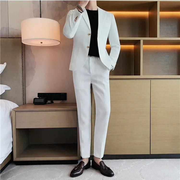 2025 New Waffle Blazers +Pant 2 Piece Set Men Fashion Business Slim Fit Solid Tuxedo Groom Wedding Prom Wear Casual Men's Sets