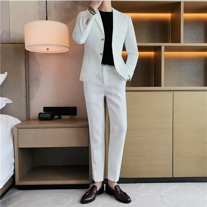 2025 New Waffle Blazers +Pant 2 Piece Set Men Fashion Business Slim Fit Solid Tuxedo Groom Wedding Prom Wear Casual Men's Sets