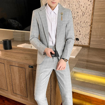 Autumn 2024 Men's Slim Fit Checkered Two-Piece Suit Korean Style Handsome Fashion Suit And Trousers Set