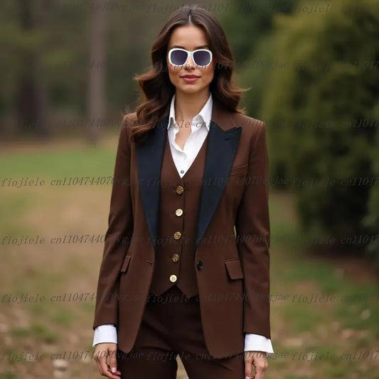 Dark Brown Black Formal Business Women Suit Wedding Party Prom Ladies Mother Girl Tuxedos Costume 3 Piece Set Blazer Vest Pants