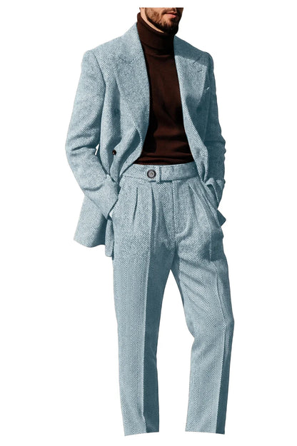 Men's Herringbone Suit 2-Piece Set – Double Breasted Blazer & Trousers for Wedding & Business