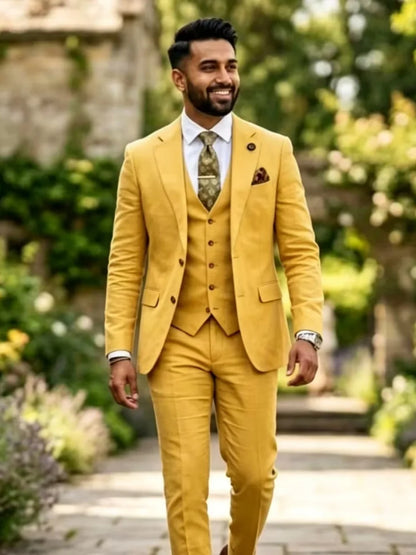 New Linen Men's Suits 3 Pieces Summer Beach Wedding Outfit Casual Breathable Notched Lapel Slim Fit Tuxedo For Birthday Party