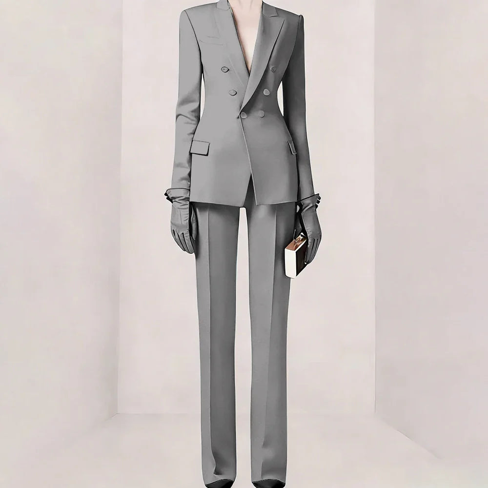 Purple Women Suit Double-breasted Peaked Lapel Two Pieces(Jacket+Pants) Modern Fashion Slim Business Office Lady Set Custom