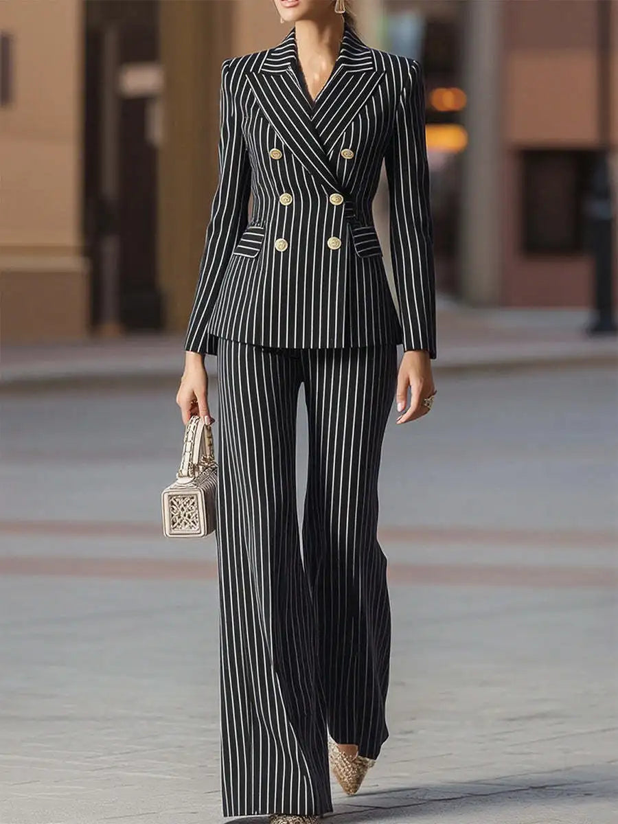 Autumn Pant Suit Women Striped Female Business Work Wear Jacket Blazer Trouser Formal 2 Piece Set Women's Clothing