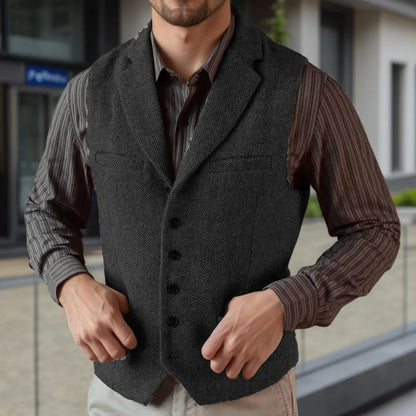 Men Vest Black Herringbone Single Breasted with Lapel for Wedding & Business Formal Occasions