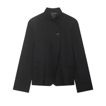 Elegant Women Solid Blazer Coat Spring Autumn Turtleneck Long Sleeve Single Breasted Straight Blazer Female Chic Suit Jacket