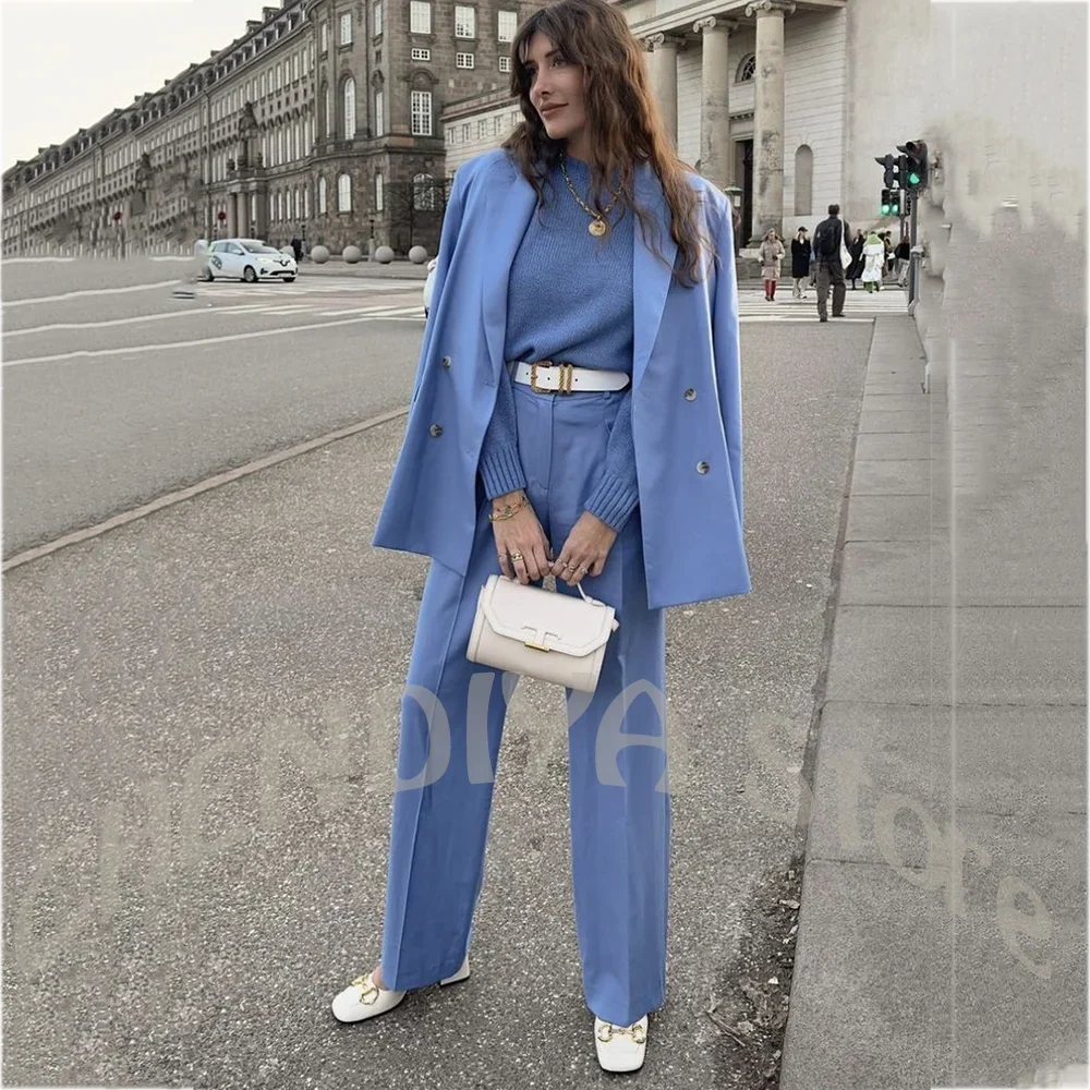 Professional Women Double Breasted Blazer Suit Notched Lapel Straight Fit Streetwear Office Business Casual Daily Two Pieces Set