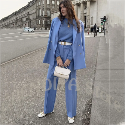 Professional Women Double Breasted Blazer Suit Notched Lapel Straight Fit Streetwear Office Business Casual Daily Two Pieces Set
