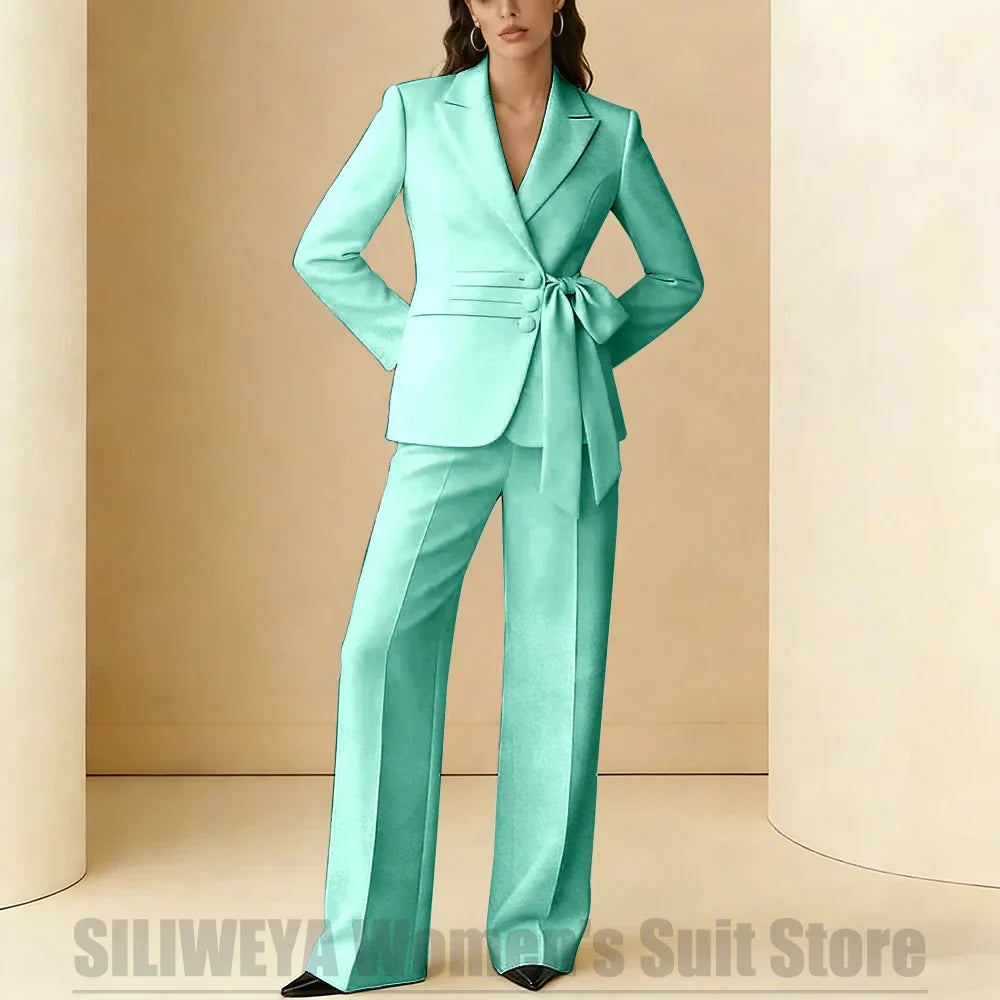 Women's Suit 2 Piece Bow Belt Design Formal Outfit for Wedding Party Prom Office Fashion Peak Lapel Daily Casual Lady Suits