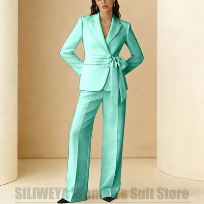 Women's Suit 2 Piece Bow Belt Design Formal Outfit for Wedding Party Prom Office Fashion Peak Lapel Daily Casual Lady Suits