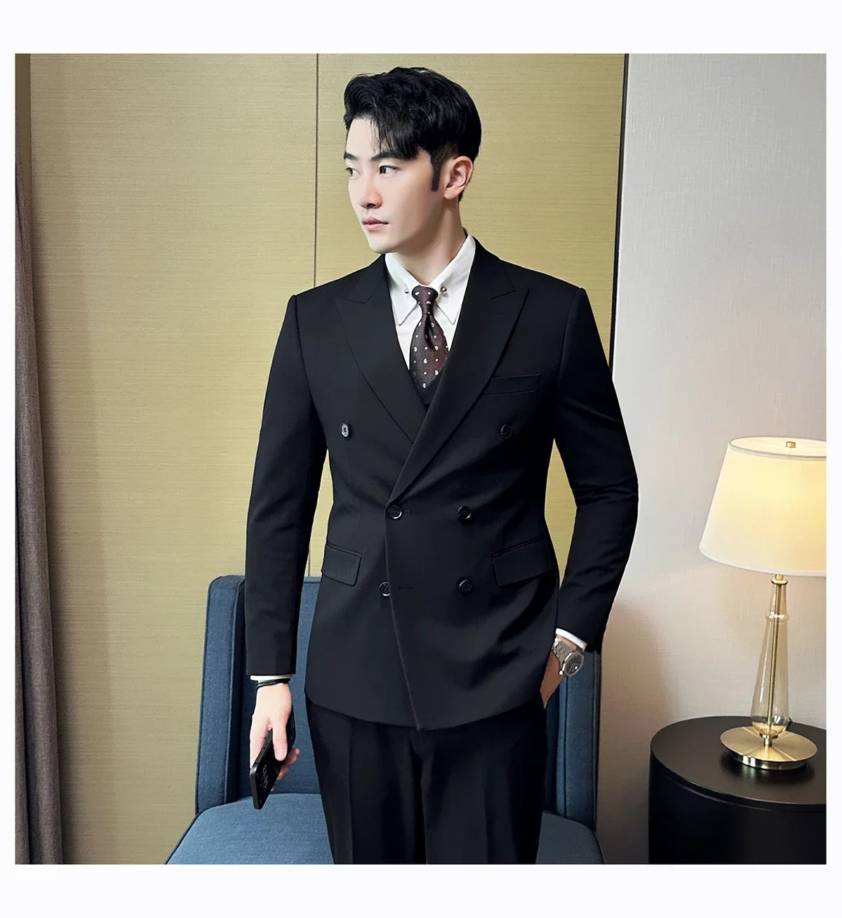 Men's Double Breasted Suit Set – Slim Fit Blazer, Vest & Pants for Wedding & Business