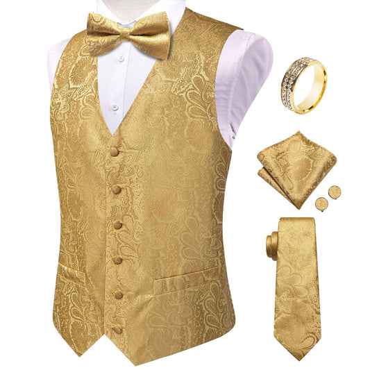 Men's Waistcoat 6-Piece Set – Gold Paisley Single Breasted Vest for Banquets & Formal Events