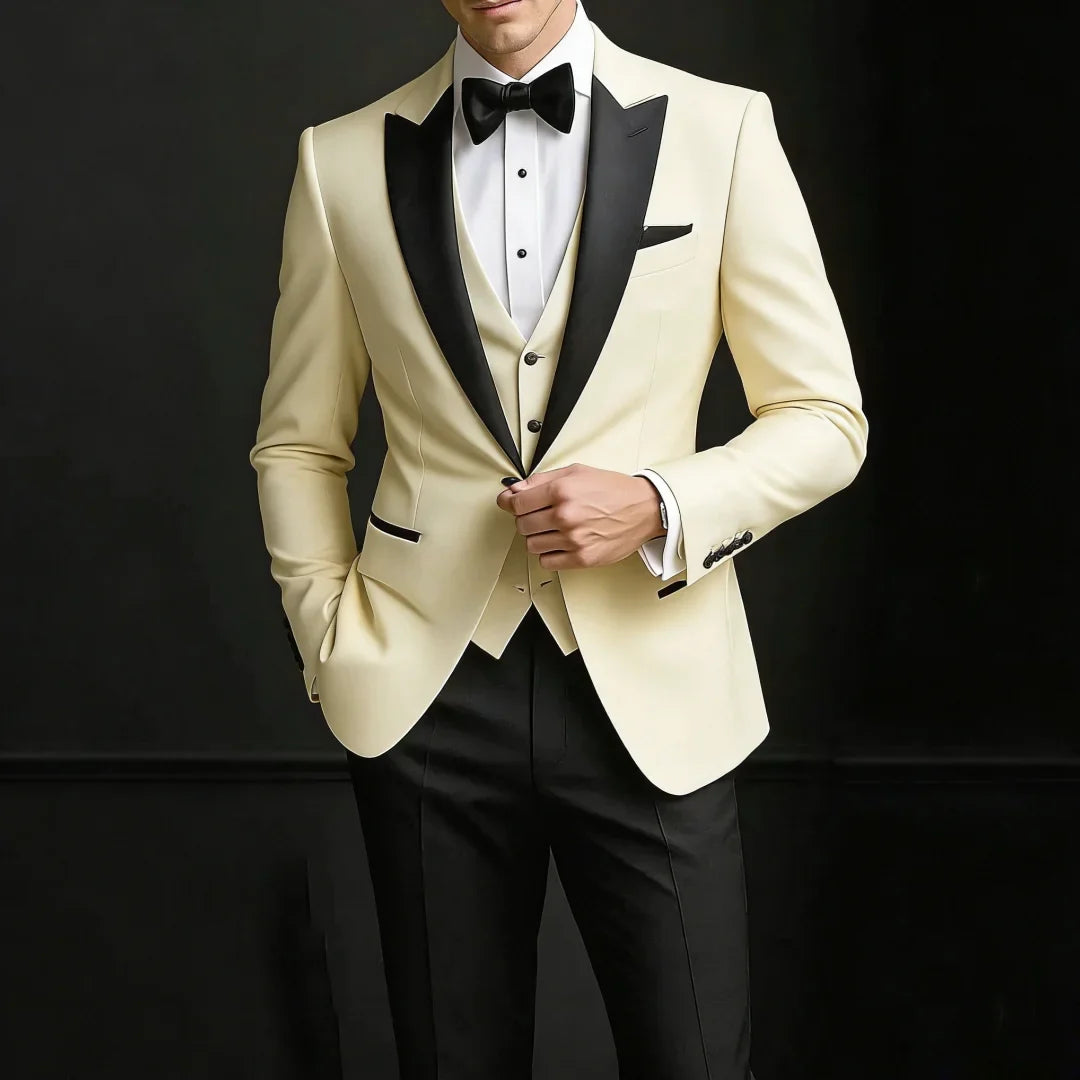 Men Suit 3 Pieces Beige Single Button Bright Lapel For Wedding Banquet Birthday Business Work Tuxedo Jacket Vest Black Pants