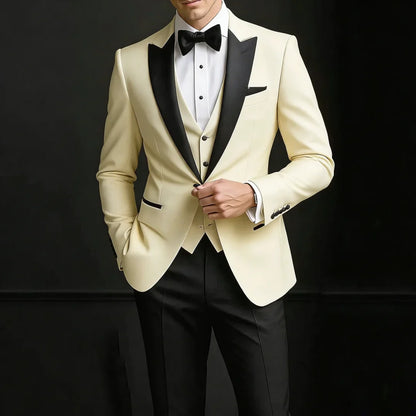 Men Suit 3 Pieces Beige Single Button Bright Lapel For Wedding Banquet Birthday Business Work Tuxedo Jacket Vest Black Pants