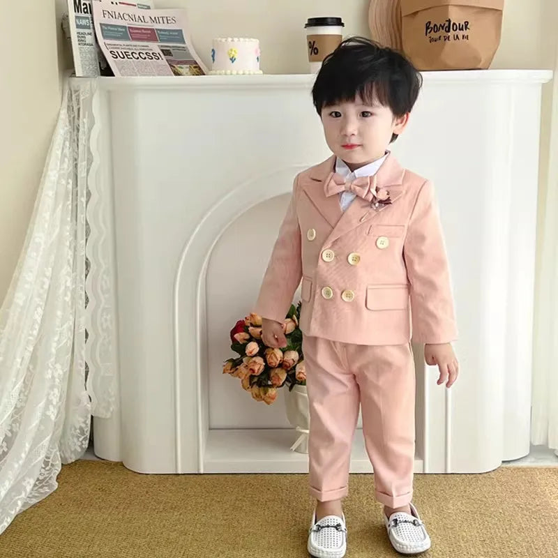 Kids 5Pieces Pure Pink Suit Set With Jacket Vest Pants Bowtie Brooch Boys Wedding Birthday Party Piano Performance Costume