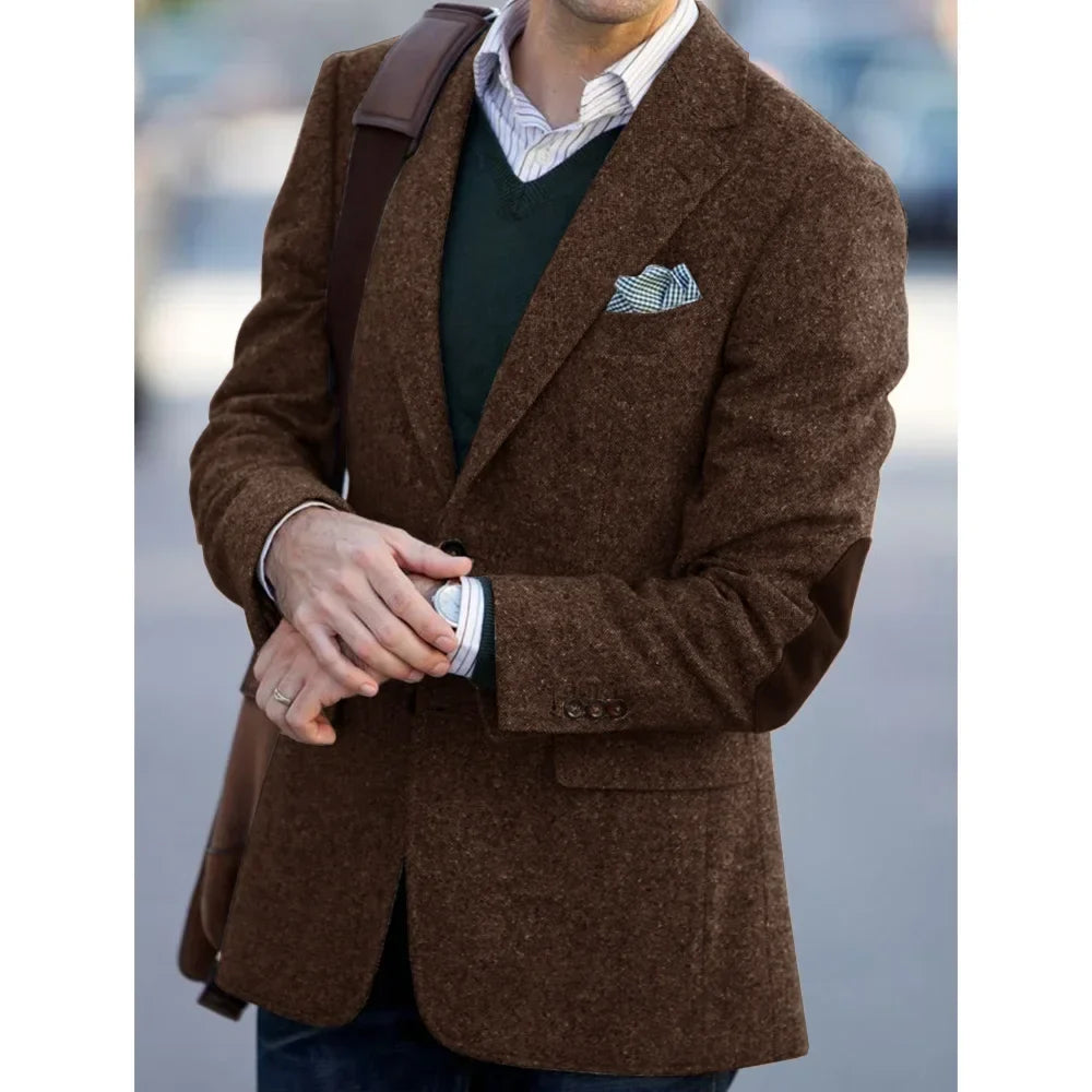 Elegant Mens Suit Jacket Herringbone Single Breasted Elbow Patches Casual Business Fashion Jackets Elegant Comfortable Coat
