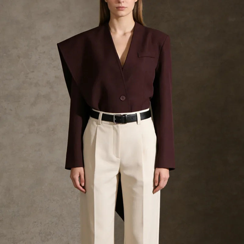 Spring Autumn New Women Blazer V-neck Single Button Asymmetric Solid Color Scarf Collar Fashion Elegant Trendy Coat HK17099