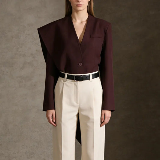 Spring Autumn New Women Blazer V-neck Single Button Asymmetric Solid Color Scarf Collar Fashion Elegant Trendy Coat HK17099