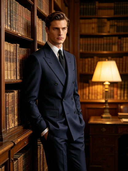 2 Piece Navy Blue Wedding Men Suits Slim Fit Peak Lapel Double Breasted Blazer Pants Formal Business Groom Tuxedo Men Clothes