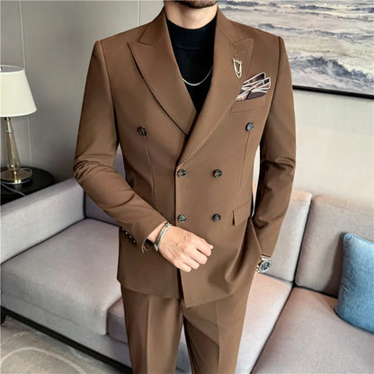Brand Two-piece Suit for Men British Style Double Breasted Casual Business Suit Blazer Trousers Office Party Prom Wedding Suits
