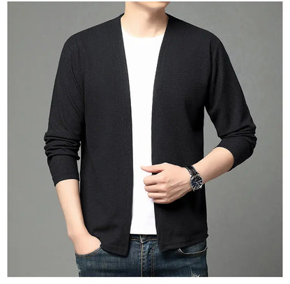 Spring and Summer Solid Color Knitted Cardigan Jacket Sun Protection Clothing Men's Shirt Loose Sleeves Fashionable and Versatil