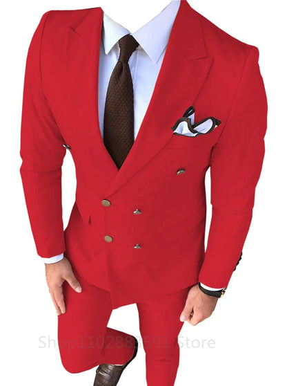 New Solid Men's Suit 2 Pieces Double-breasted Peak Lapel Slim Fit Casual Tuxedos For Wedding/Business 2 Piece Blazer+Pant